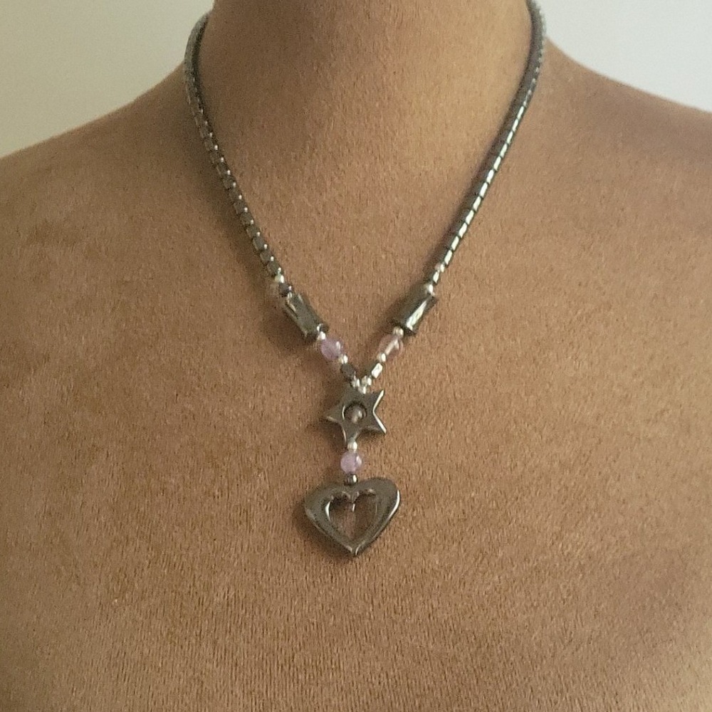 Vintage Hematite Heart Star Beaded Necklace Gunmetal Pink One Size Fairycore